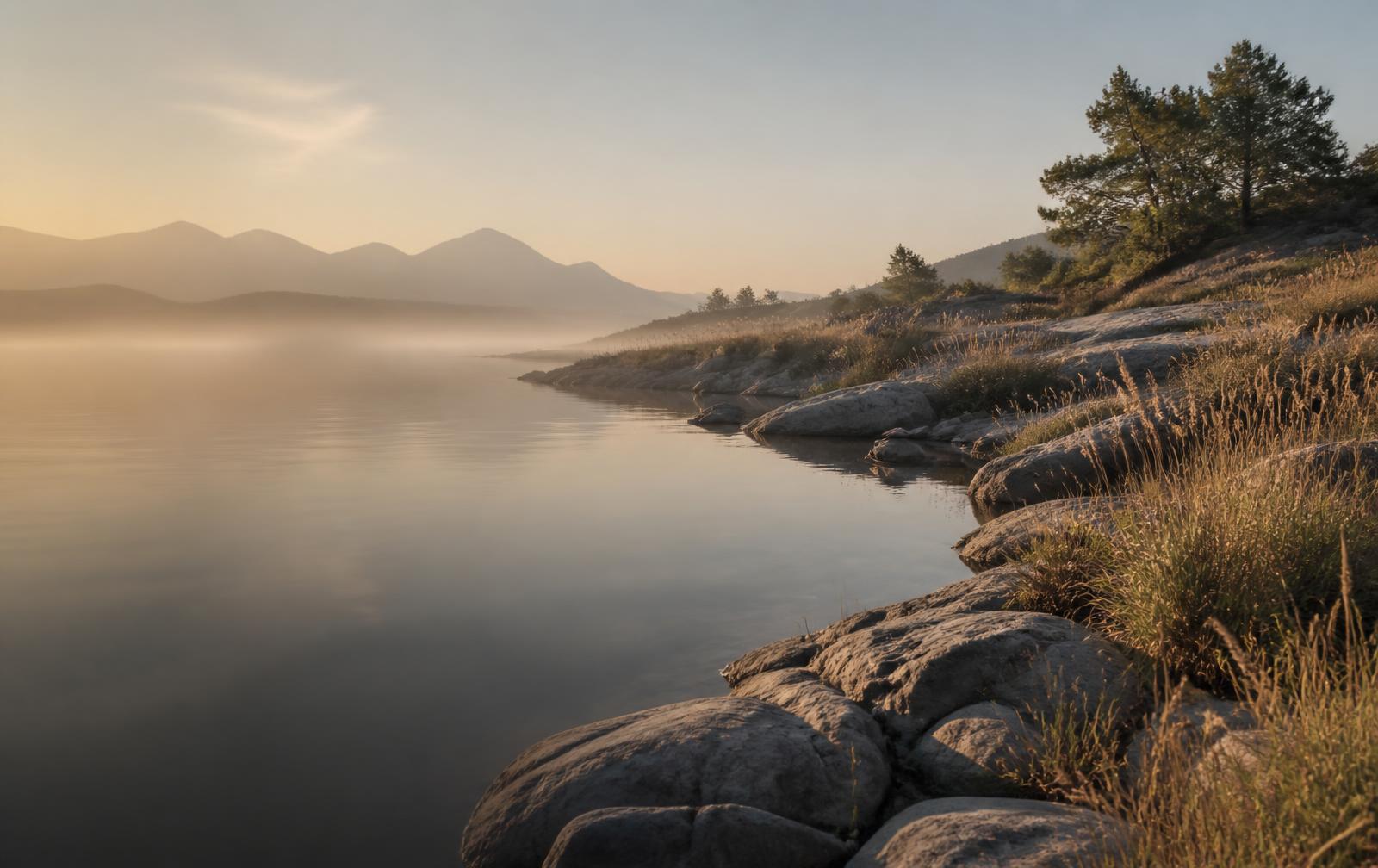 Ruhige Seenlandschaft im warmen Morgenlicht