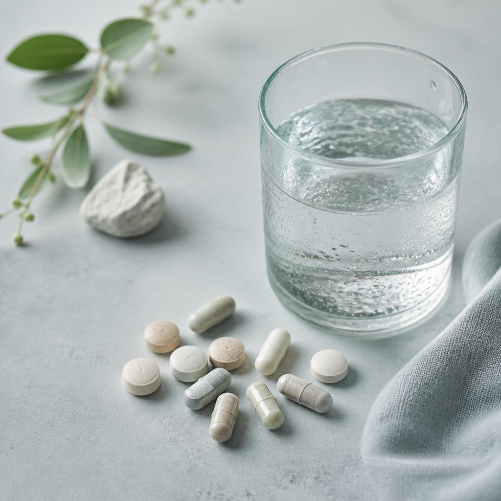 Mineralstoffkapseln und Tabletten neben einem Glas Wasser