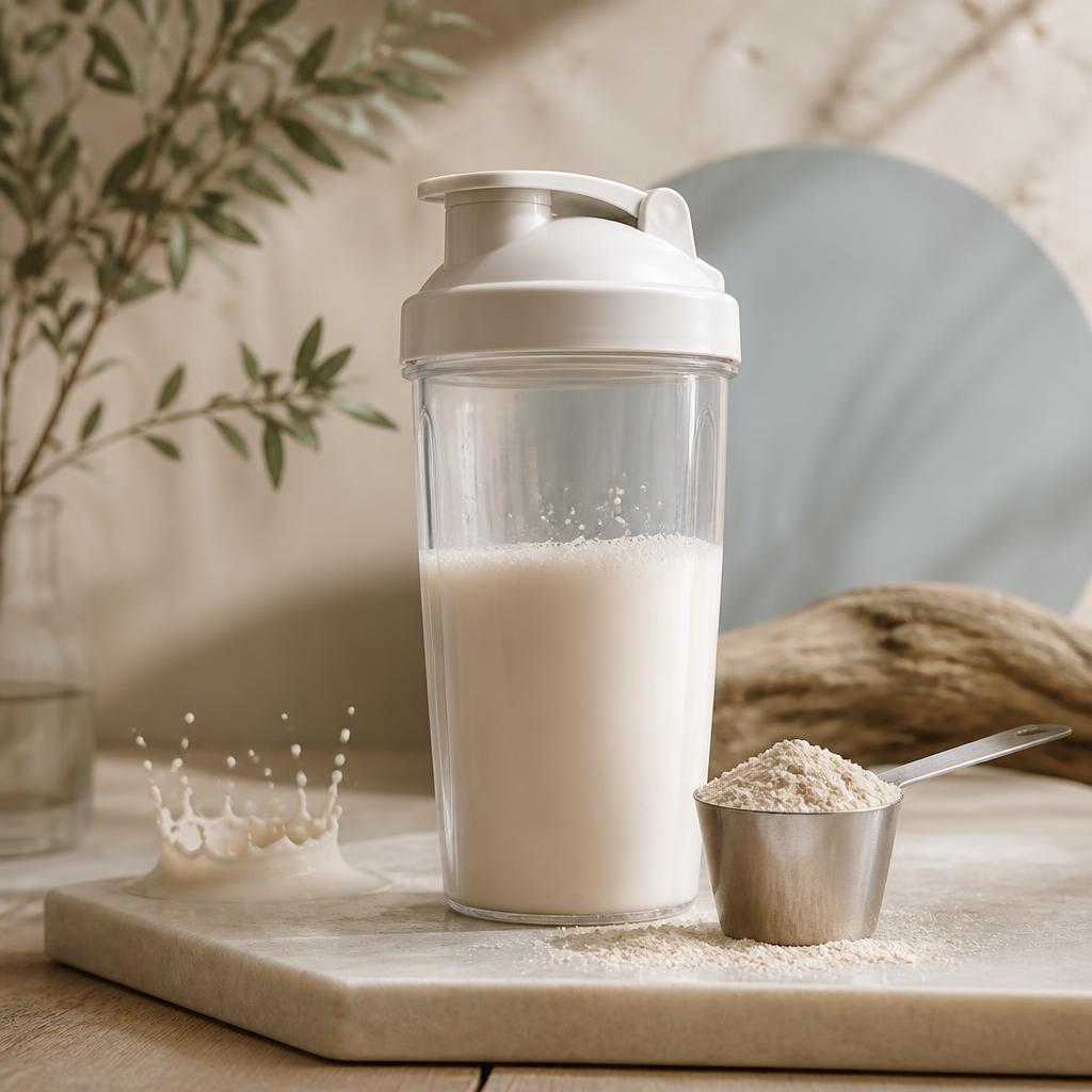 Protein-Shaker und Messlöffel mit Eiweißpulver