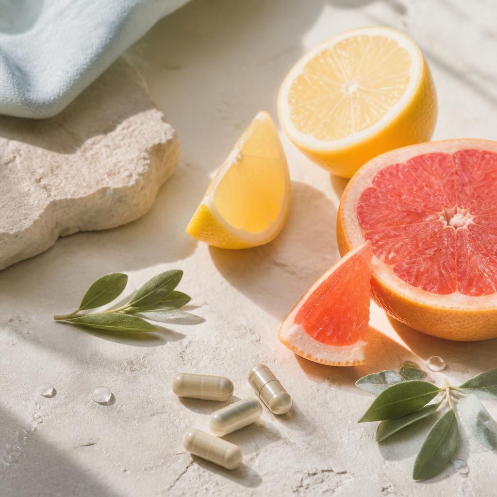 Vitaminkapseln mit frischen Zitrusfrüchten