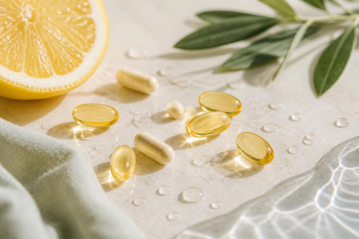 Health Plus Vitamine und Omega-3-Kapseln in natürlichem Tageslicht